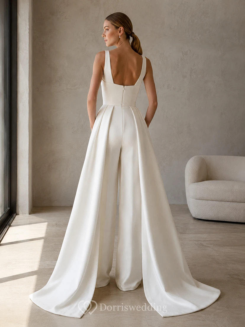 Combinaison-pantalon plissée en satin à col bénitier sans manches et jambes larges, robe de mariée view 2