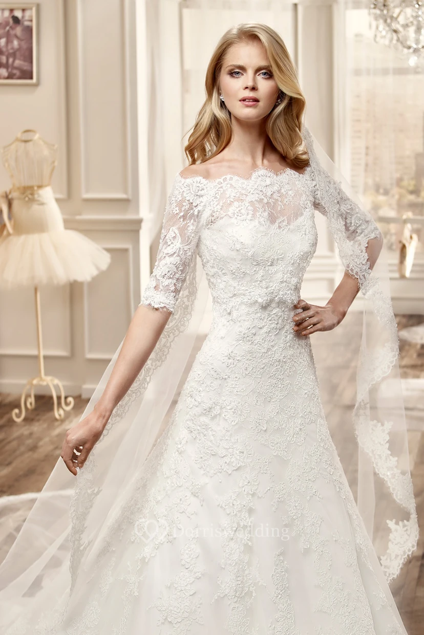 Off-Shoulder Lace Wedding Dress With Half Sleeve And Appliques view 3