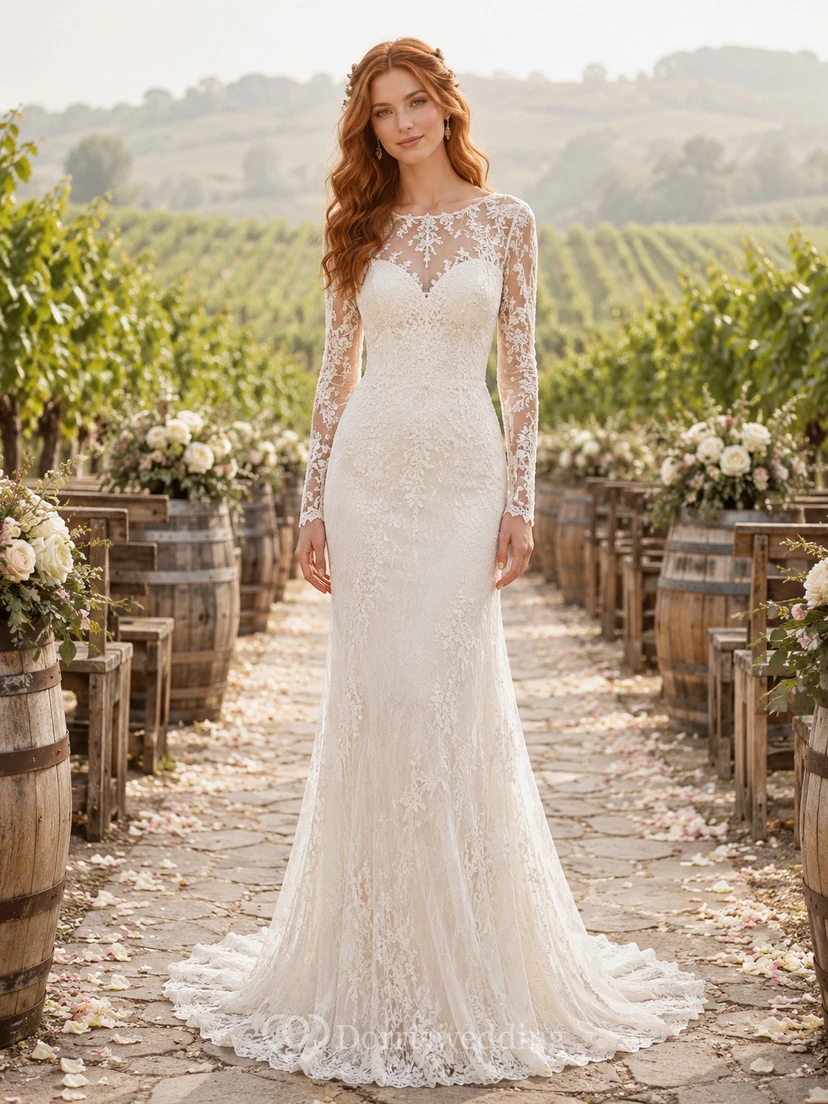 Vestido de novia de corte recto con encaje ilusión y mangas largas, estilo viñedo