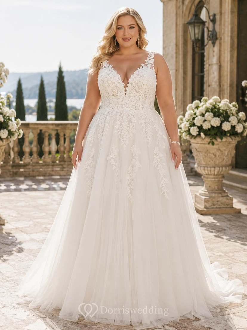 Elegantes, ärmelloses Empire-Brautkleid aus Spitze und Tüll mit V-Ausschnitt und A-Linien-Schnitt view 4