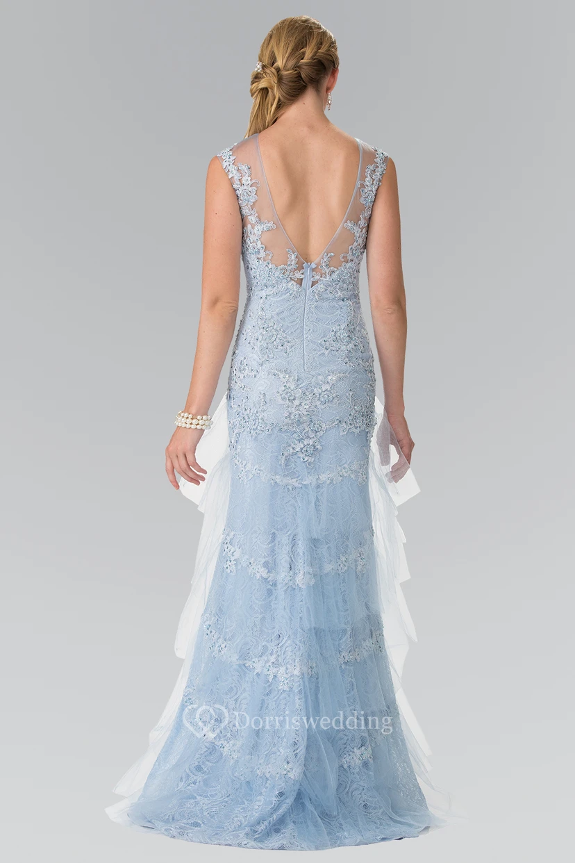 Sheath Maxi Scoop-Neck Sleeveless Tulle Lace Low-V Back Dress With Beading And Tiers view 2