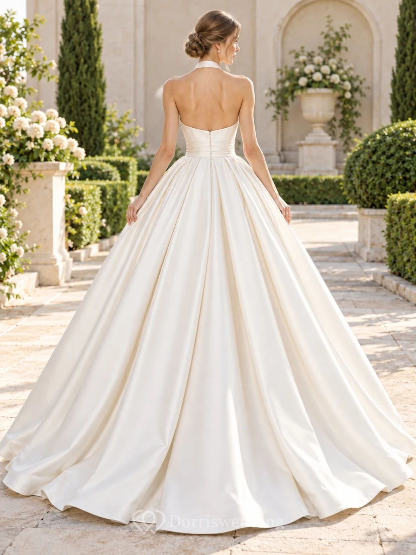 Einfaches Neckholder-Ballkleid aus Satin mit eckigem Ausschnitt und Falten view 2