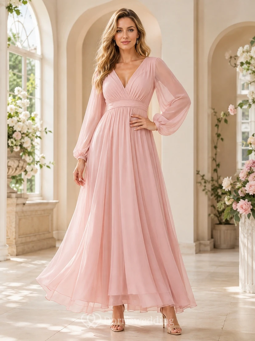 Vestido de dama de honor largo hasta el suelo, de gasa rosa empolvado con escote en V y mangas largas, estilo imperio y pliegues.