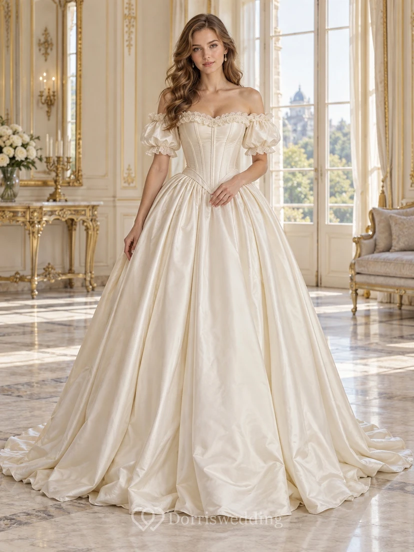 Victorian Off Shoulder Satin Corset Puff Sleeve Full Wedding Dress