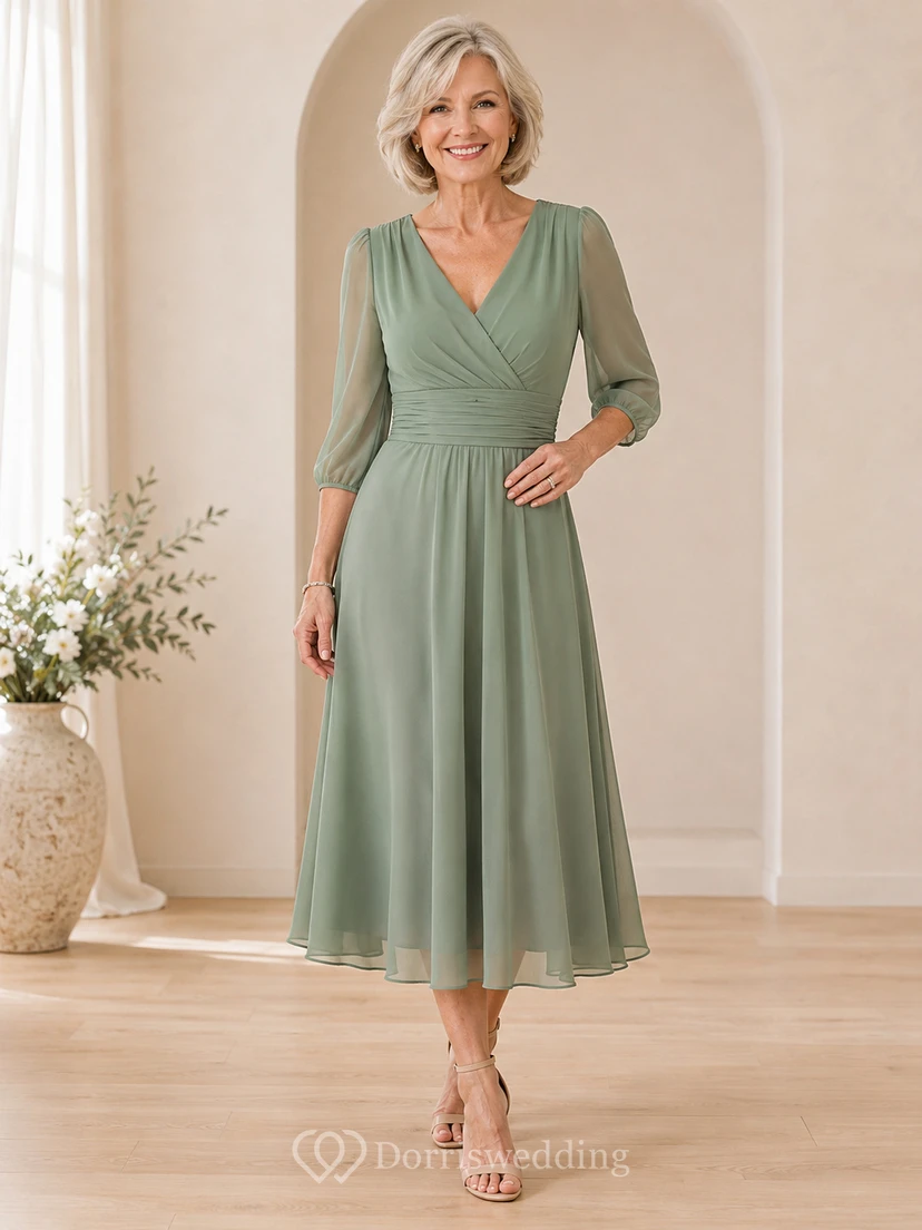 Elegant Older-Women Celadon V-Neck Three-Quarter-Sleeve Chiffon A-Line Tea-Length Mother Dress