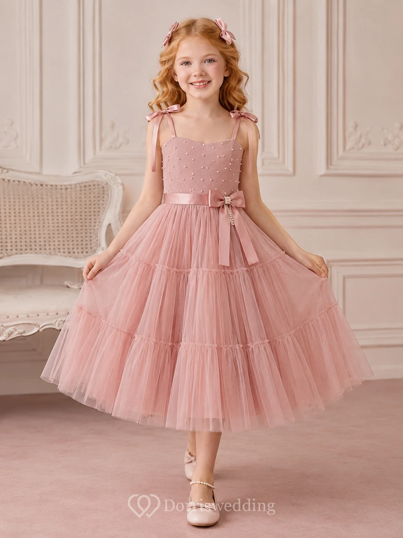 Flower Girl Dress Dusty Rose Lace Tulle A-Line Scoop Neck Tea Length Ruffle Detail Tiered Skirt