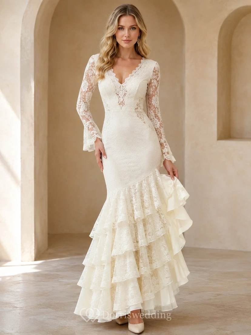 Vintage Ivory V-Neck Long Bell Sleeve Lace Mermaid Tiered Floor-Length Flamenco Dress