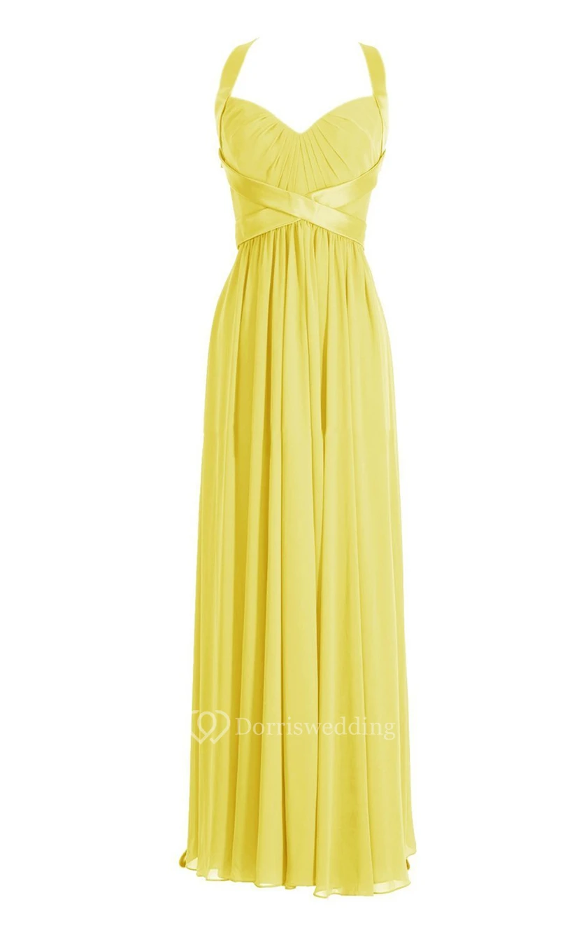 Halter Pleated Chiffon A-line Gown With Deep-v Back view 14