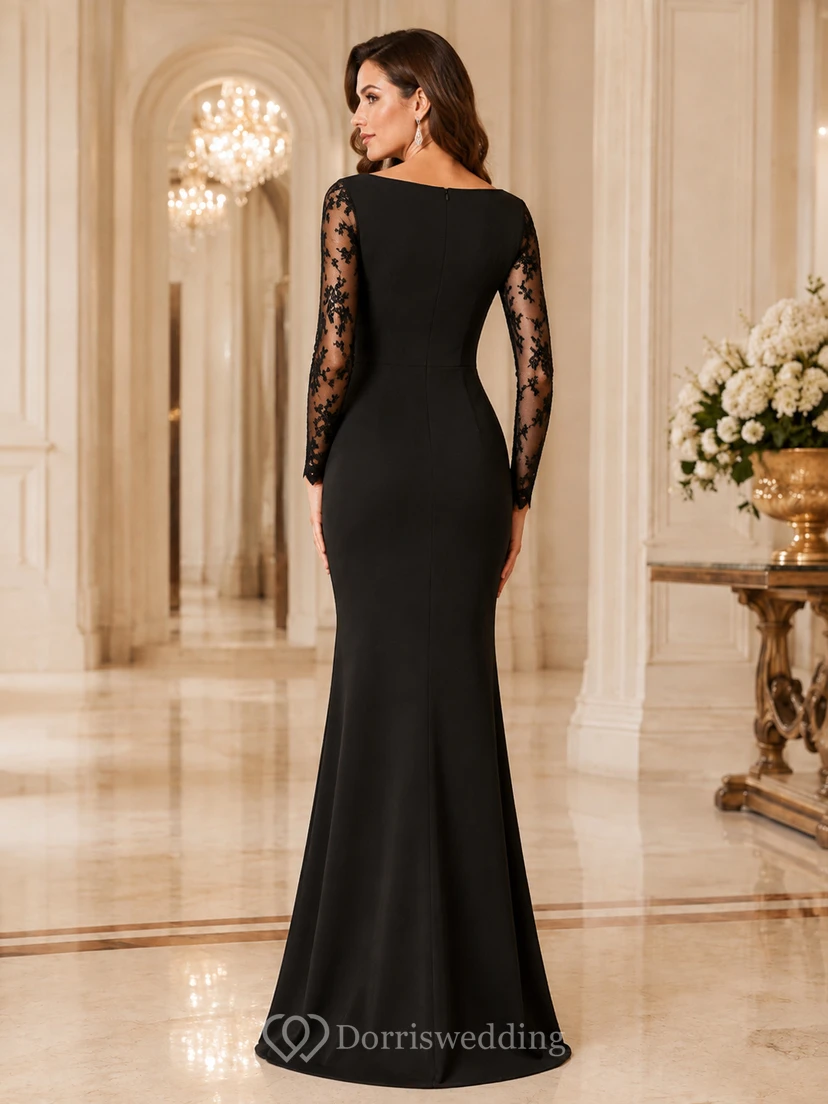 Elegante vestido de noche formal de manga larga, estilo sirena, color negro, con escote barco y encaje. view 2