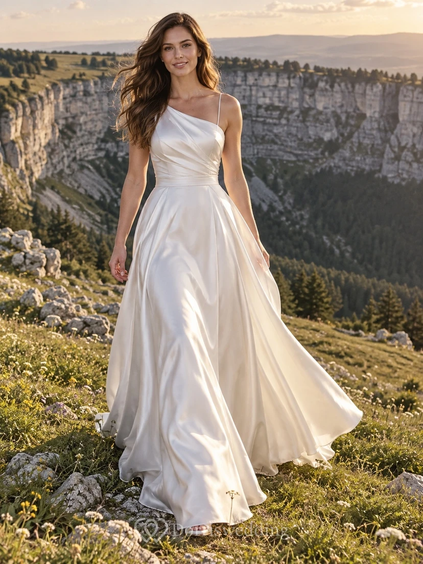 Vestido de novia sencillo de satén con un solo hombro, corte en A, sin mangas, fruncido y cola corta.