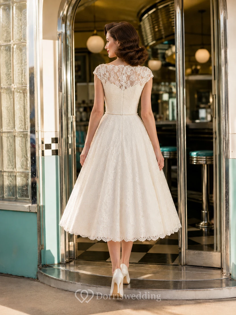 Illusion Cap Sleeve Lace Tea Length Retro Bridal Dress view 2