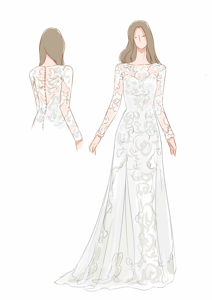 Sheath Long-Sleeve High Neck Tulle&Lace Wedding Dress With Sweep Train view 11