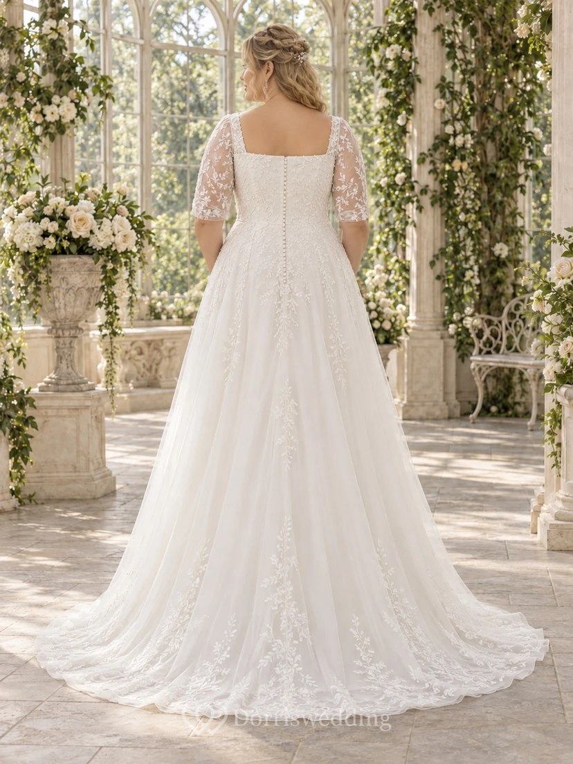 Vestido de novia de corte A, modesto, con escote cuadrado, encaje y tul, con mangas cortas adornadas con cuentas. view 2