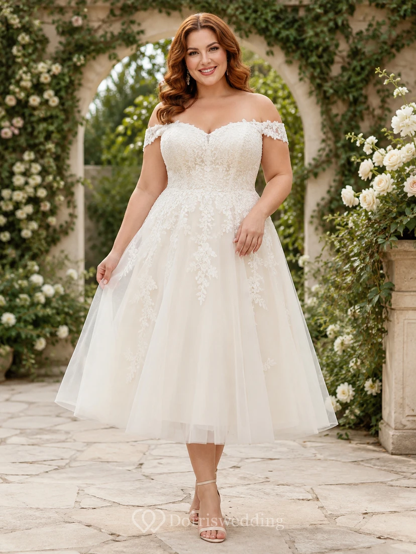 Vestido de novia de talla grande, largo hasta la rodilla, con hombros descubiertos, encaje y tul, corte en A, estilo jardín.