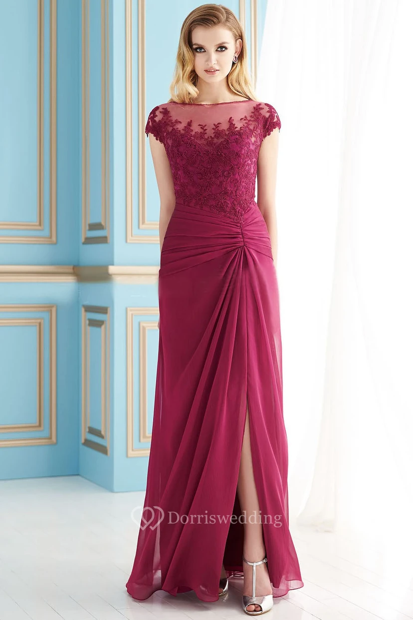 Cap-Sleeved Floor-Length Mother Of The Bride Dress With Front Slit And Lace Detail
