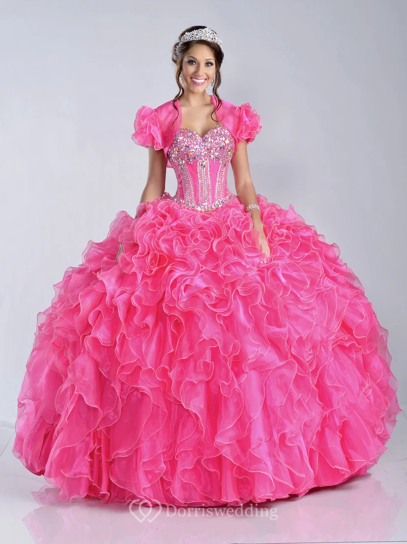 Vestido de gala con corsé de lentejuelas, volantes en cascada y chaqueta a juego. view 3