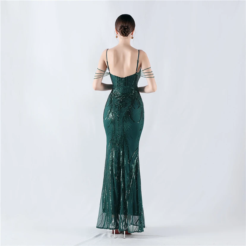 Waist-Reduced Fishbone Shaping Positioning Flower Sequined Anchor Sexy Beaded Suspender Evening Dress view 76