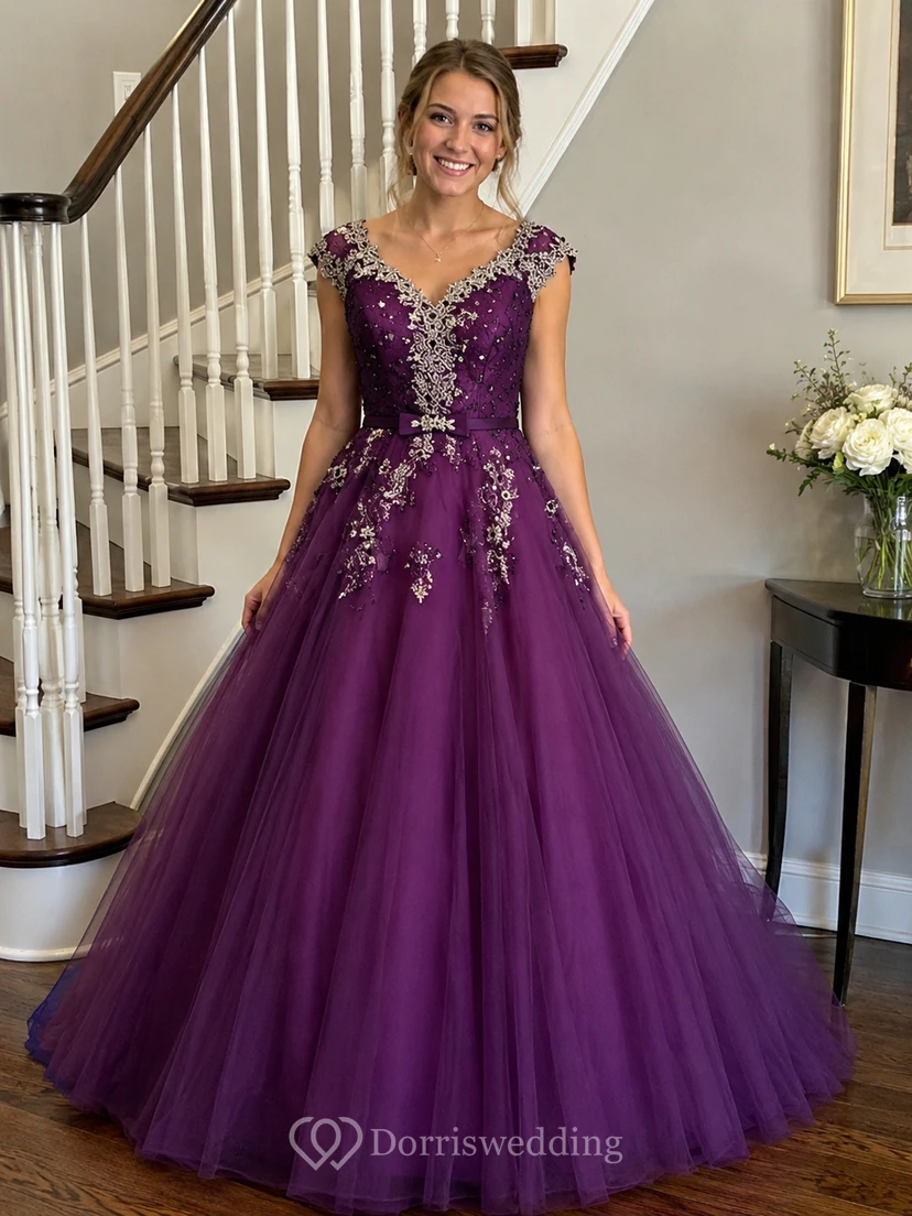 Ball Gown Floor-Length V-Neck Bell Cap Beading Flower Corset Back Tulle Lace Sequins Dress view 9