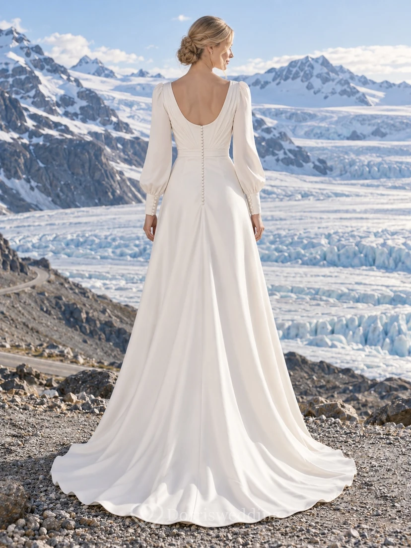 Simple Long Sleeve V Neck Cotton Sateen Mermaid Wedding Dress with Button Cuffs and Train view 2