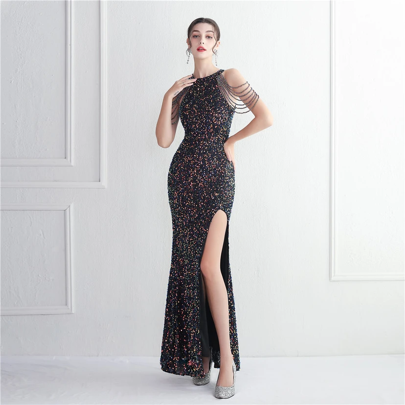 Heavy-Duty Glass Bead Craft Beaded Banquet Evening Dress Temperament Elegant Long Halter Neck Slit Sequins view 52