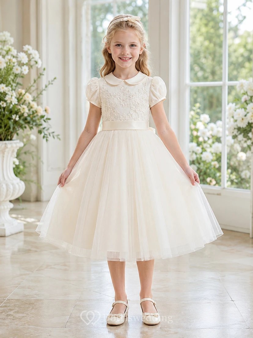 Bow Back Tulle A-Line Flower Girl Dress with Jewel Neck and Tea-Length Skirt