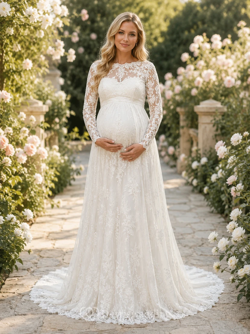 Maternity Wedding Dress Sweetheart Long Sleeve Lace A-Line Garden Gown with Illusion Back