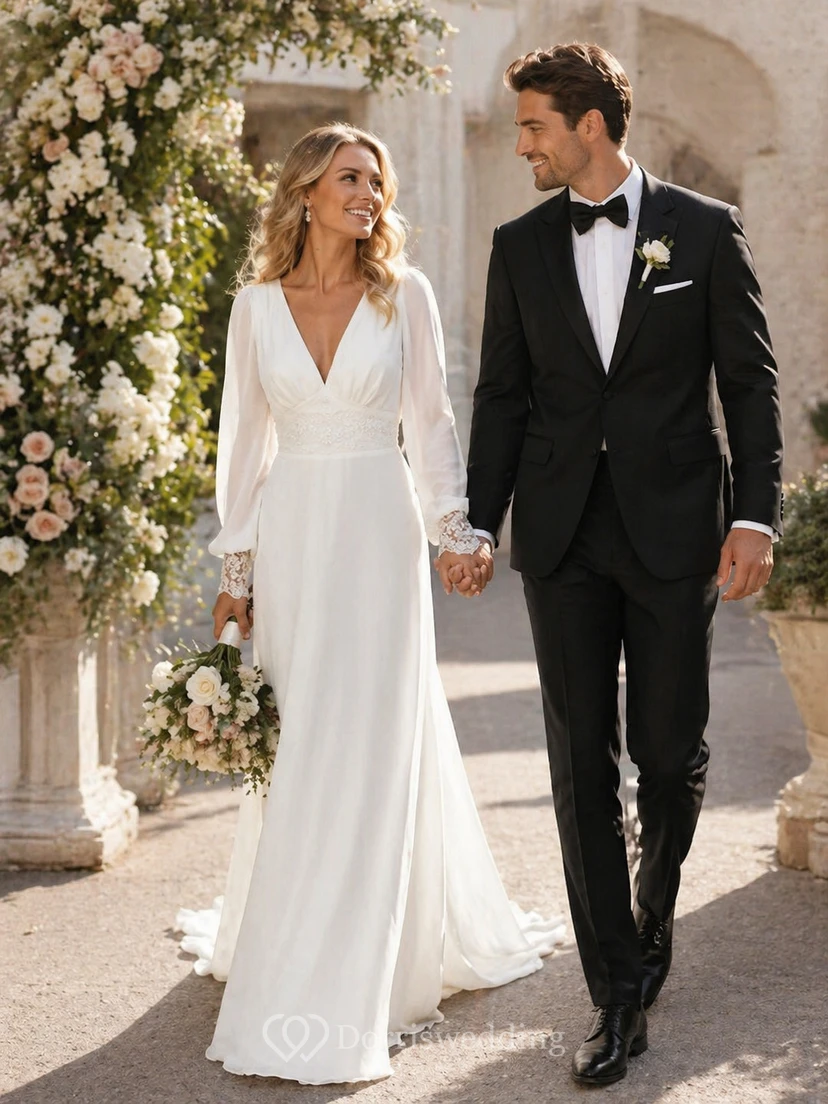 Ätherisches, bohemisches Chiffon-Hochzeitskleid mit Spitzendetails und Bischofsärmeln