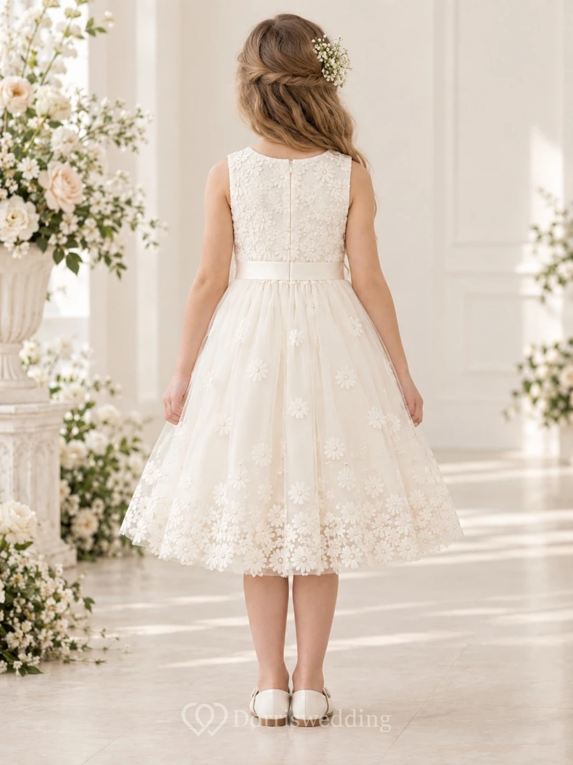 Tea-length Ivory Daisy Scoop Sleeveless A-Line Gathered Tulle Floral Border Satin Waist Zipper Flowergirl Dress view 2