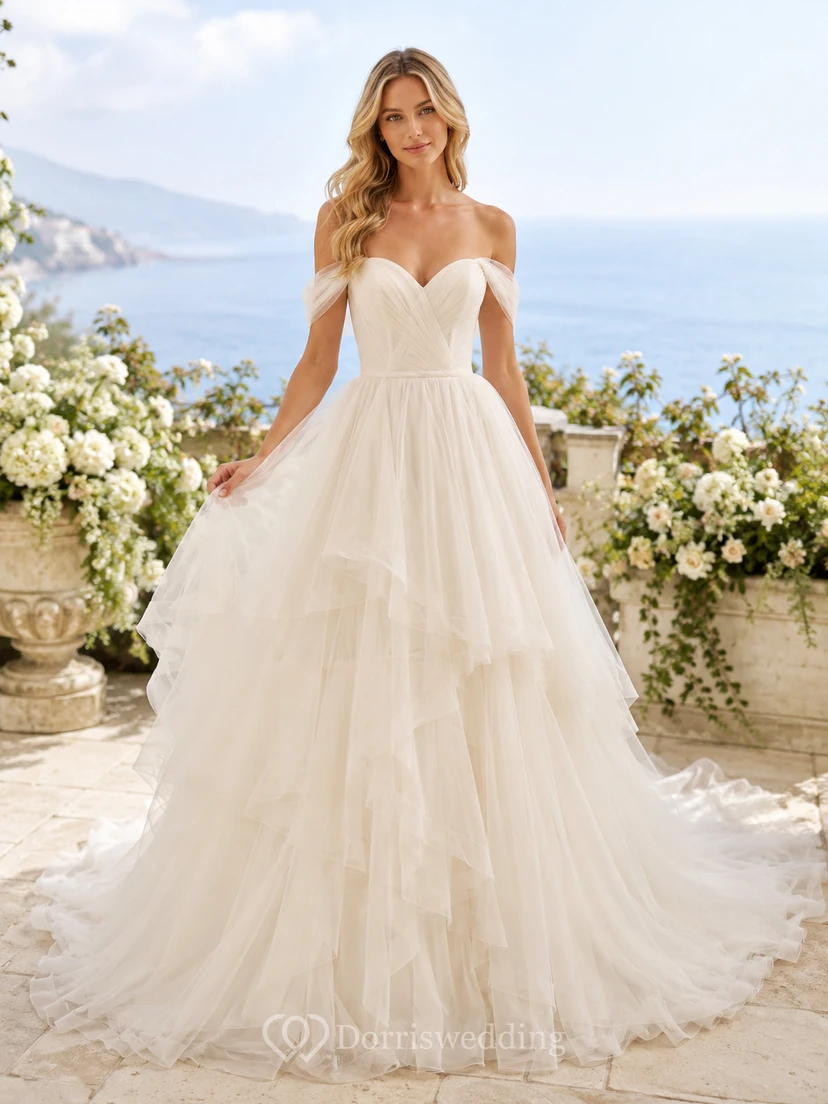 Lace Tulle Wedding Dress A-Line Strapless Sweetheart Sweep Train Low V Back Bridal Gown