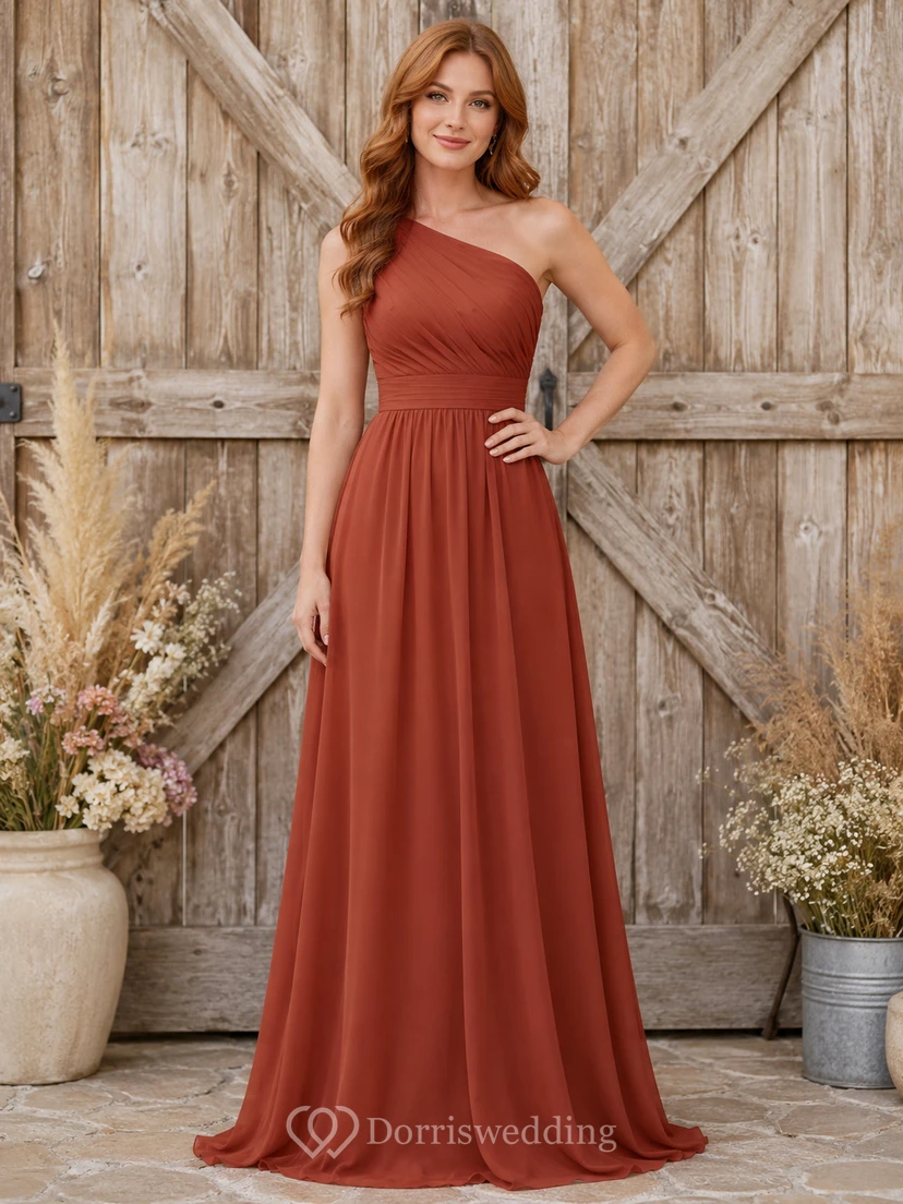 Terracotta Chiffon A-Line One-Shoulder Sleeveless Pleated Zip Back Floor-Length Bridesmaid Dress