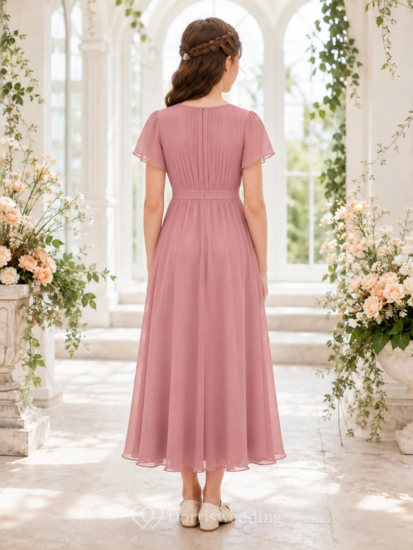 Romantisches, altrosafarbenes Chiffon-Brautjungfernkleid mit kurzen Ärmeln, Strasssteinen und A-Linien-Schnitt in Teelänge view 2
