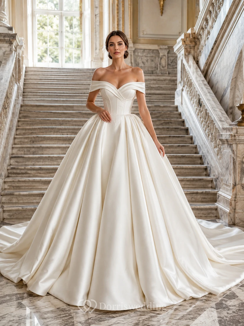 Robe de mariée en satin, robe de bal, épaules dénudées, traîne courte