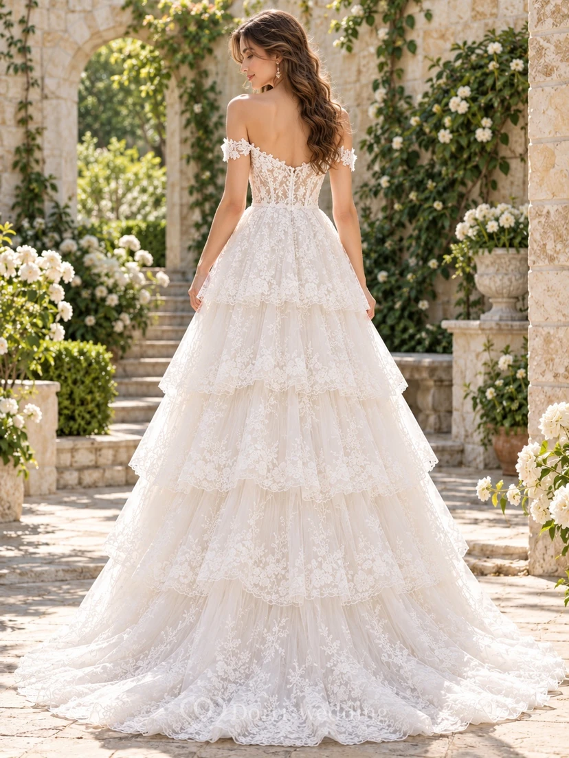 Tiered Off Shoulder Corset Floral Lace A-line Train Wedding Dress view 2