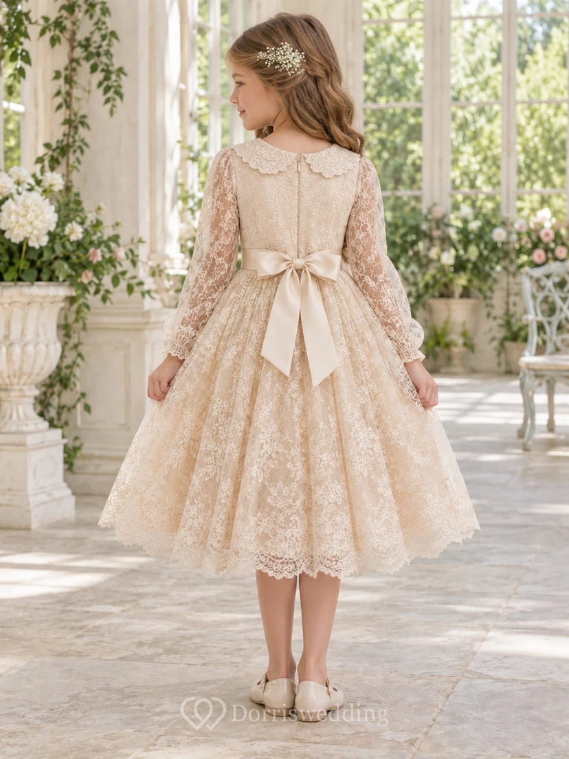 Tea-length Long-Sleeve Vintage Champagne A-line Lace Collared Bow-waist Flower Girl Dress view 2