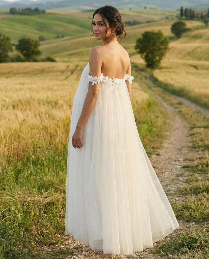 Strapless Maternity Tulle Wedding Dress with Floral Applique Off Shoulder Trim view 2