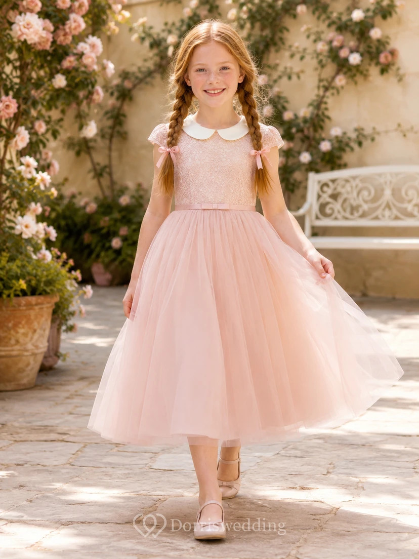 Flower Girl Dress Blush Tulle A-Line Jewel Neck Tea Length Bow Back