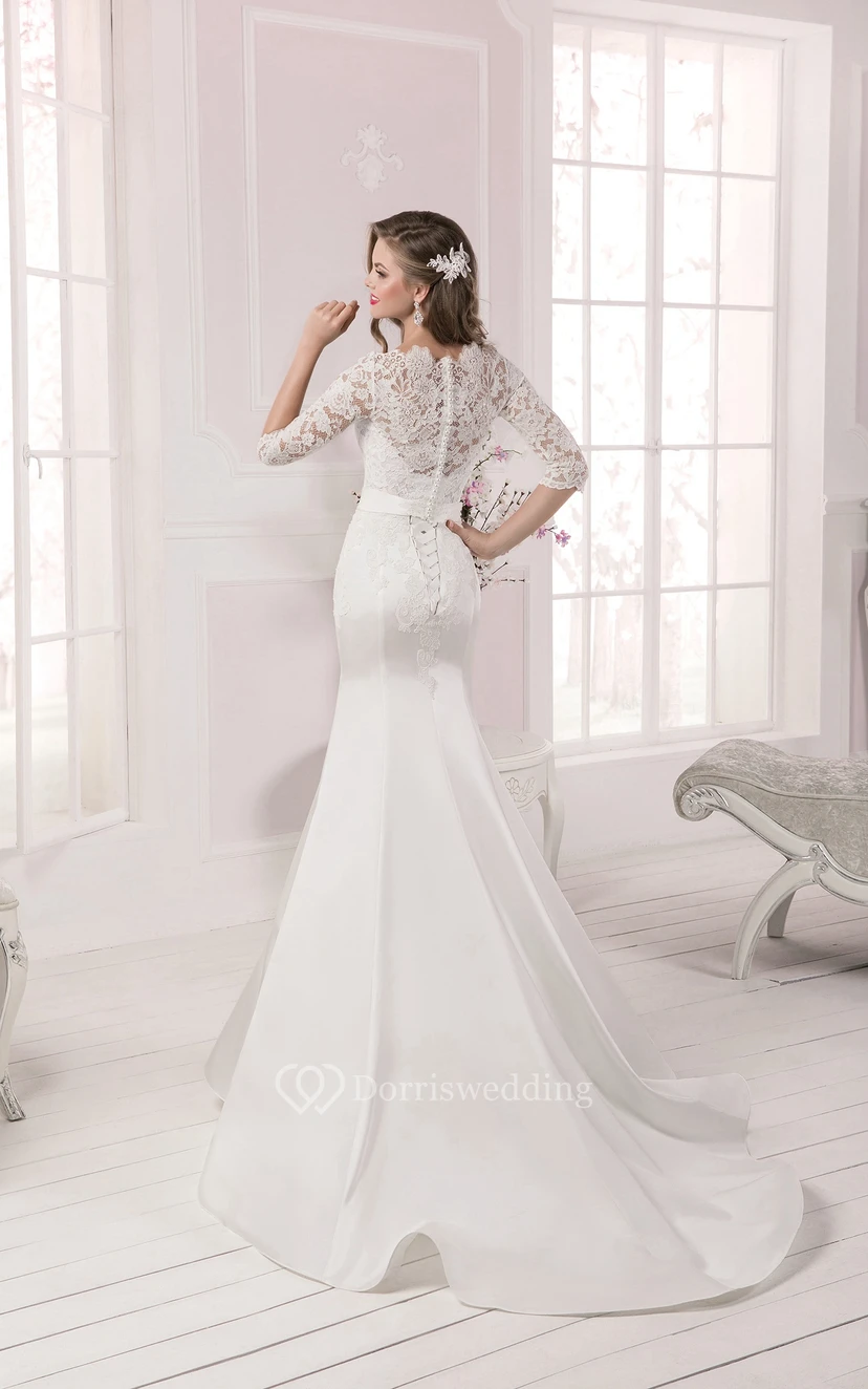 Langes Meerjungfrauenkleid mit halblangen Ärmeln, Spitzenoberteil und Kristallverzierungen, ideal für die Mutter der Braut view 3