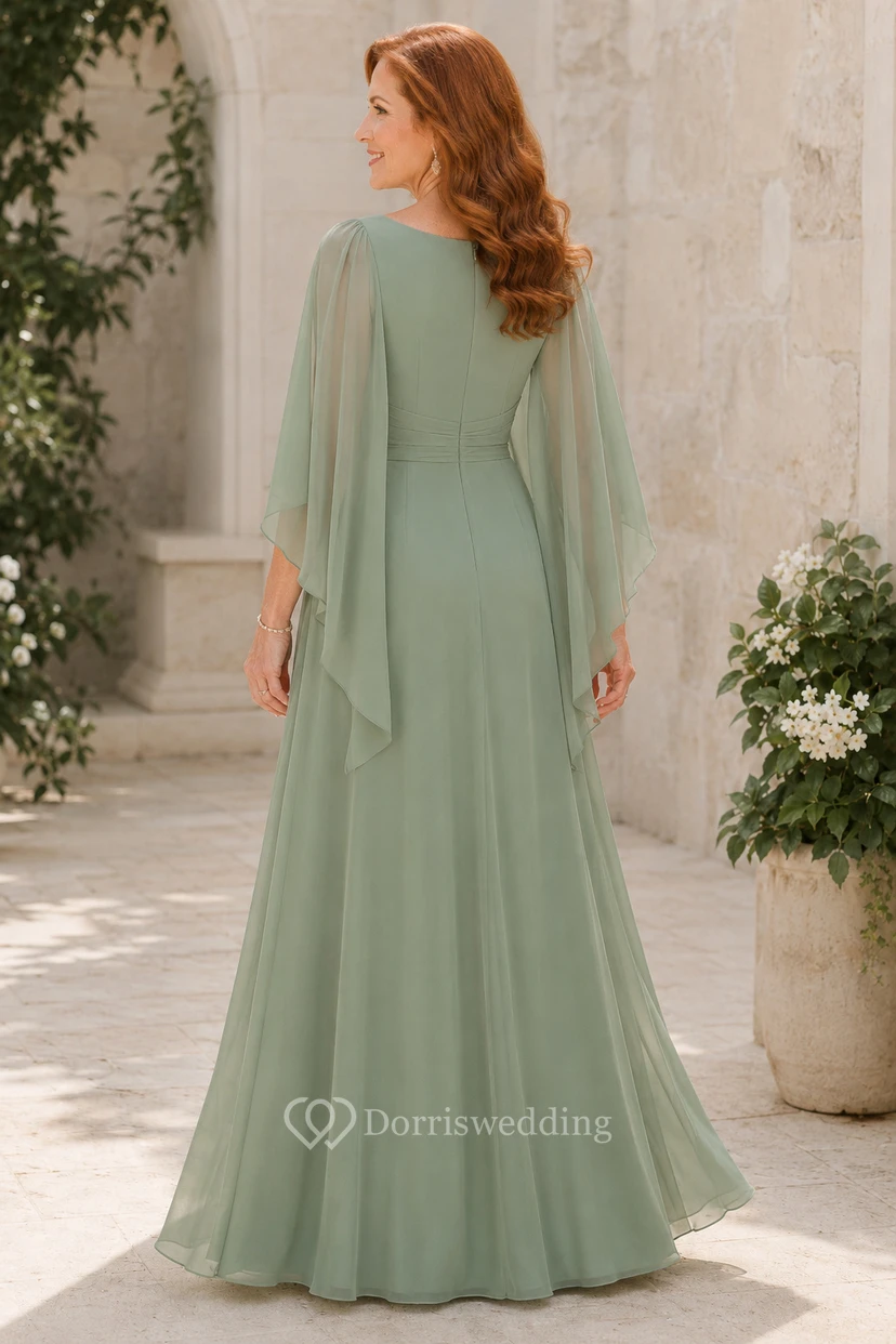 MOB Kleid aus salbeifarbenem Chiffon, A-Linie, lange Ärmel, One-Shoulder-Schnitt, bodenlang, Cape-Ärmel-Detail view 2