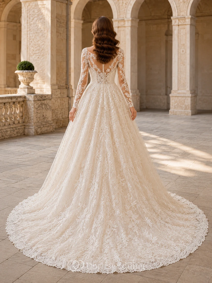 Robe de mariée princesse en dentelle à col montant et manches illusion, traîne chapelle view 2