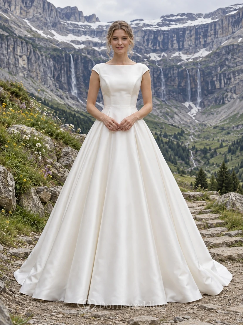 Sencillo vestido de novia de satén estilo duquesa, corte en A, escote barco, mangas cortas, largo hasta el suelo y cola.