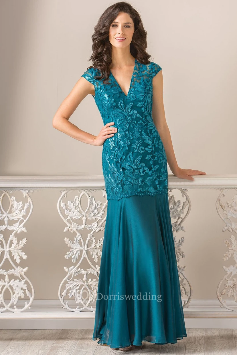 Cap-Sleeved V-Neck Long Mother Of The Bride Dress With Keyhole Back And Dropped Waistline