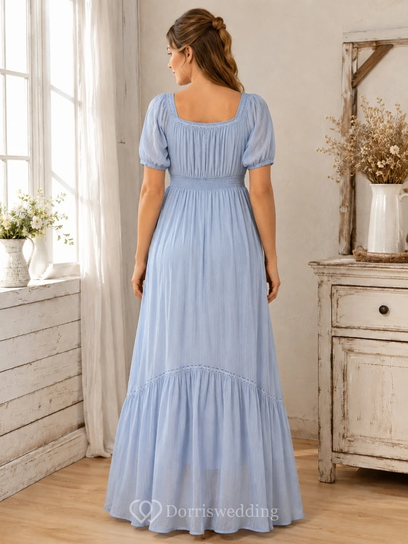 Sky Blue Square Neck Short Sleeve Pleated Maternity Chiffon Maxi Dress view 2