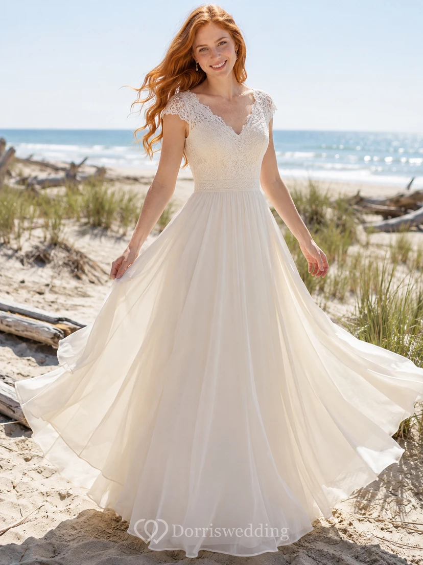 Robe de mariée en mousseline à manches courtes en dentelle et dentelle pour petite plage