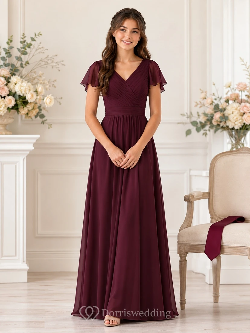 Robe de demoiselle d'honneur junior bordeaux, coupe trapèze, col en V, manches courtes, élégante
