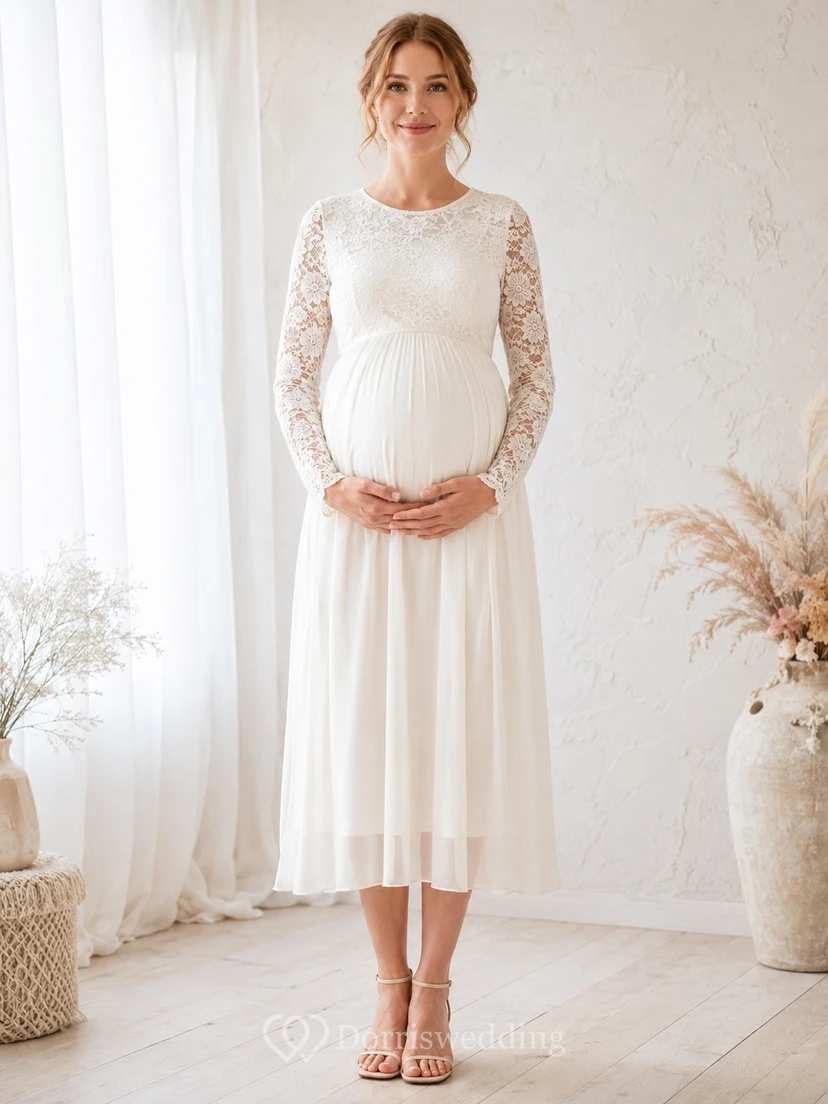 Maternity Long Sleeve Scoop Neck Tea-Length Lace Empire Dress