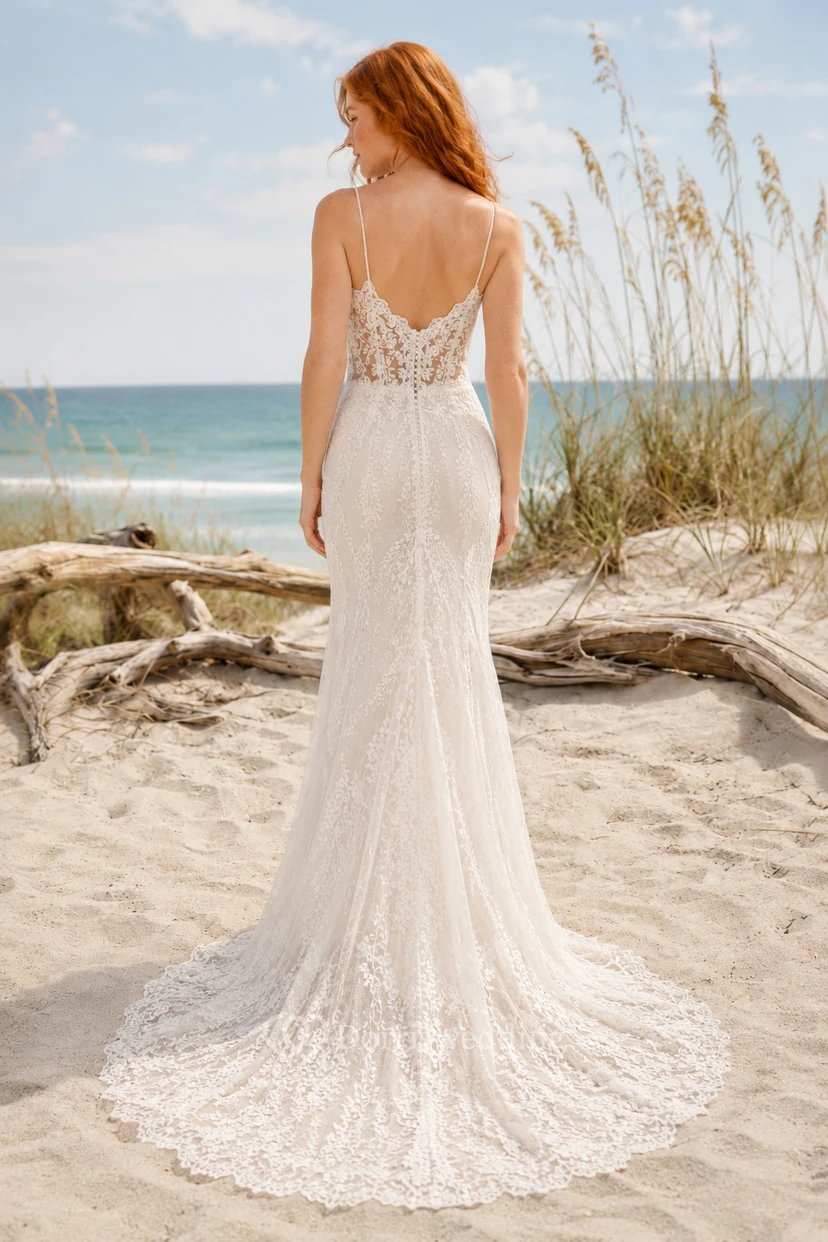 Spaghetti-Träger-Spitzen-Meerjungfrauen-Strandhochzeitskleid view 2
