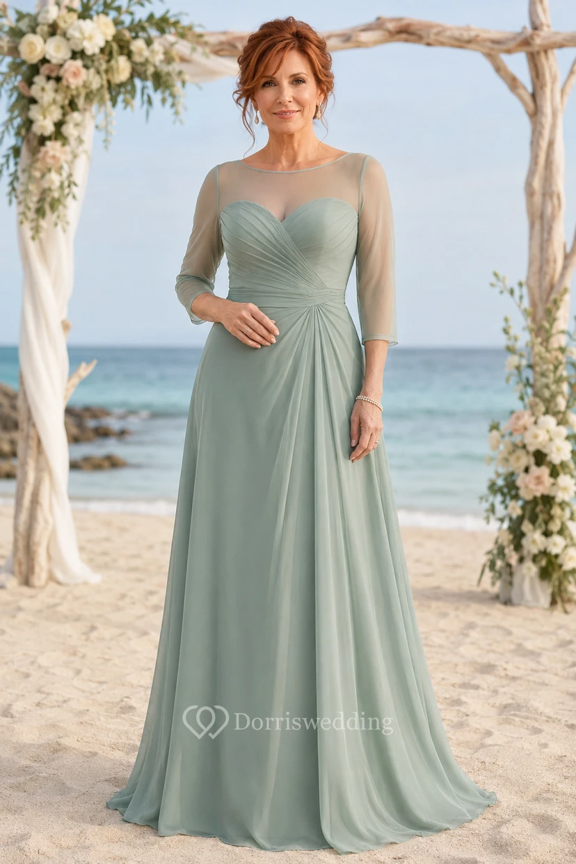 Mother of the Bride Sage Chiffon A-Line Three-Quarter Sleeve Sweetheart Neckline Floor-Length Dress with Ruching