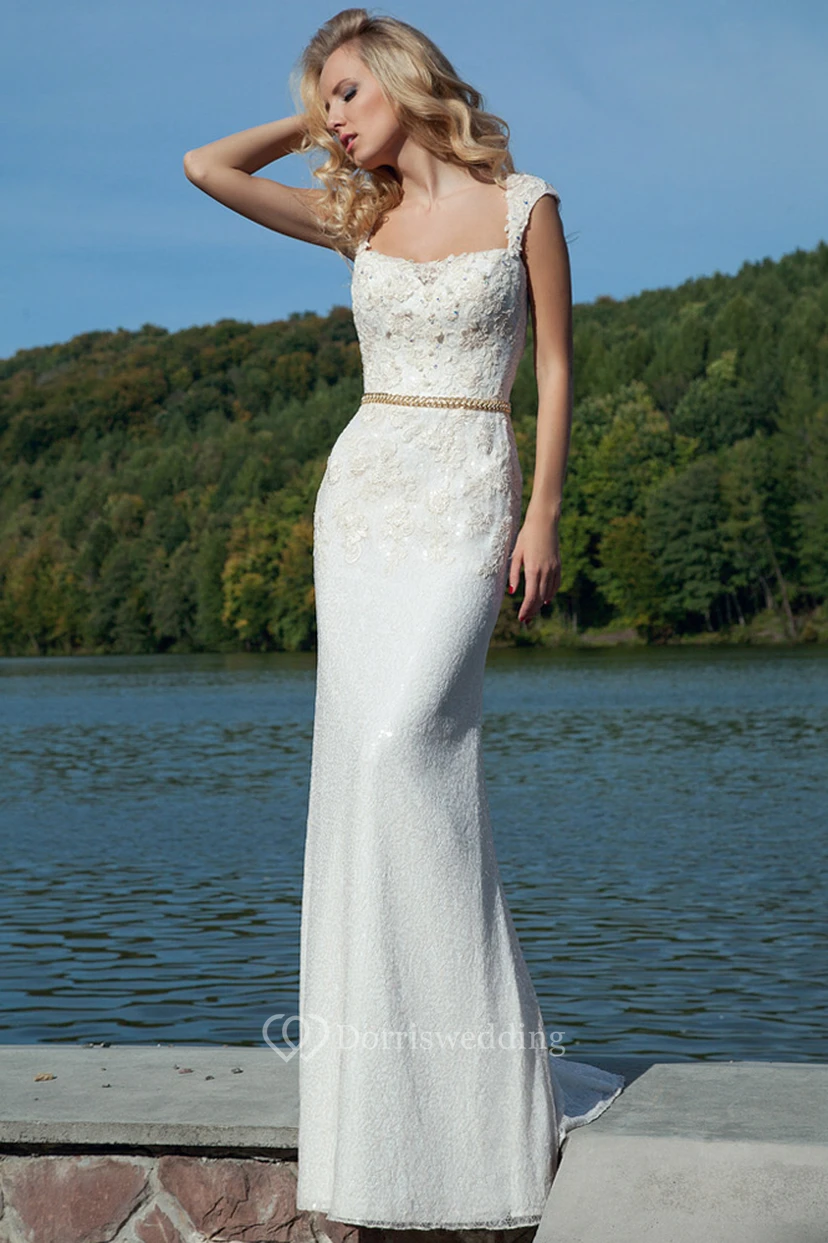 Pencil Appliqued Sleeveless Long Queen-Anne Lace Prom Dress With Illusion Back