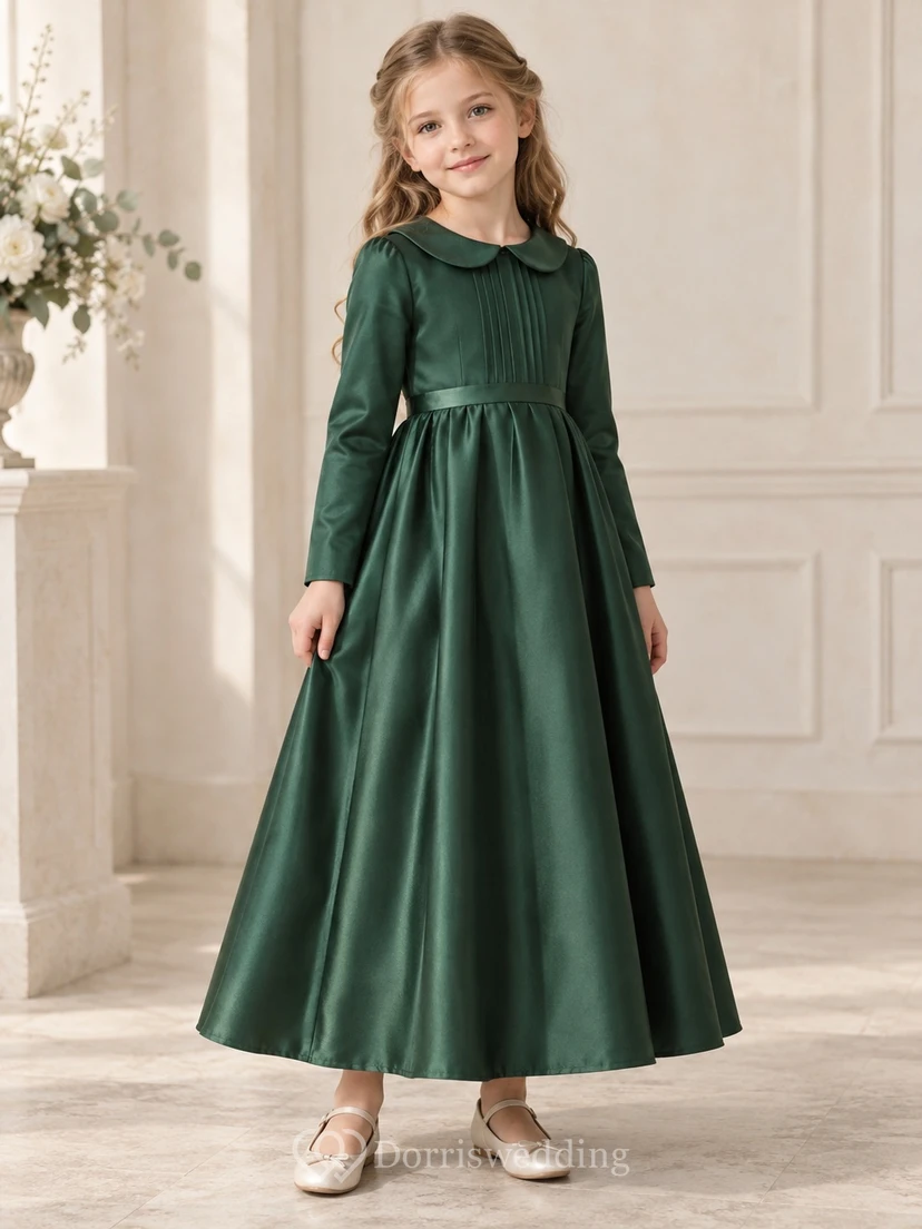 Waldgrünes, knöchellanges Blumenmädchenkleid aus Satin mit langen Ärmeln und Abnähern