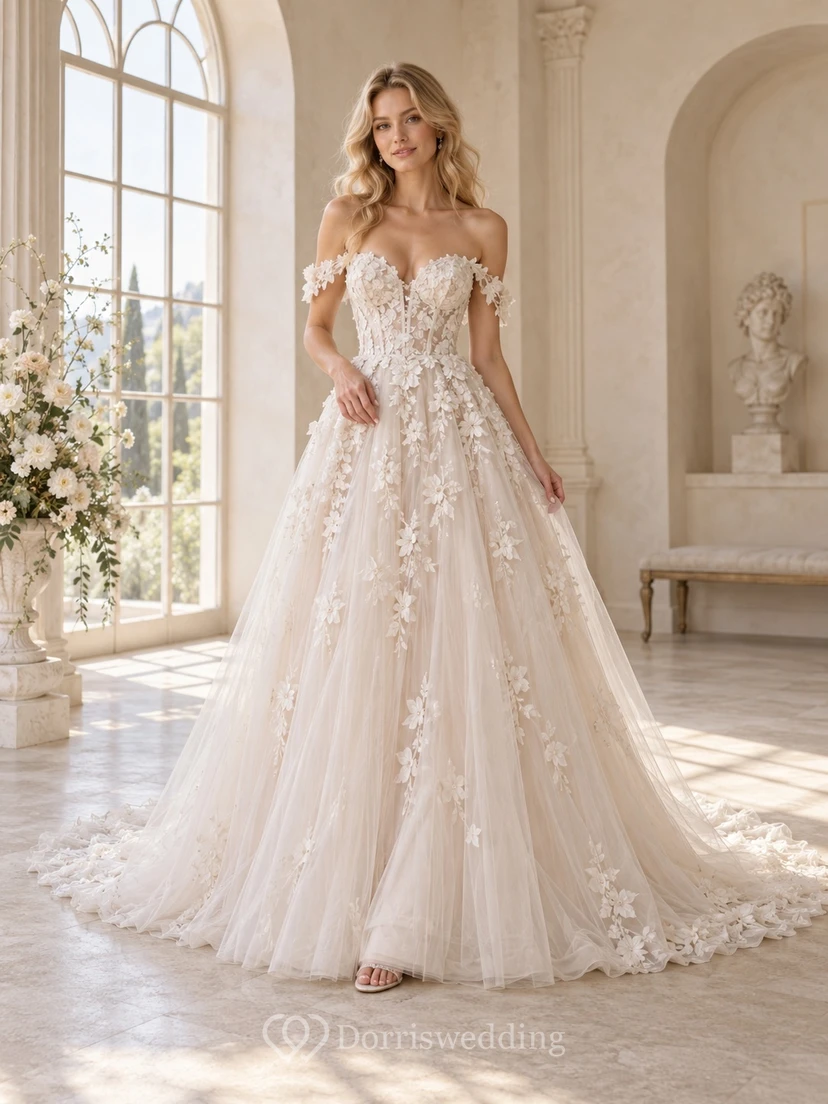 Schulterfreies 3D-Blumenapplikationen-Tüll-Ballkleid für Hochzeiten